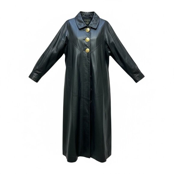 Womens Black Leather Long Trench Coat Gold Button NOS Goth Matrix Steampunk - Picture 7 of 12